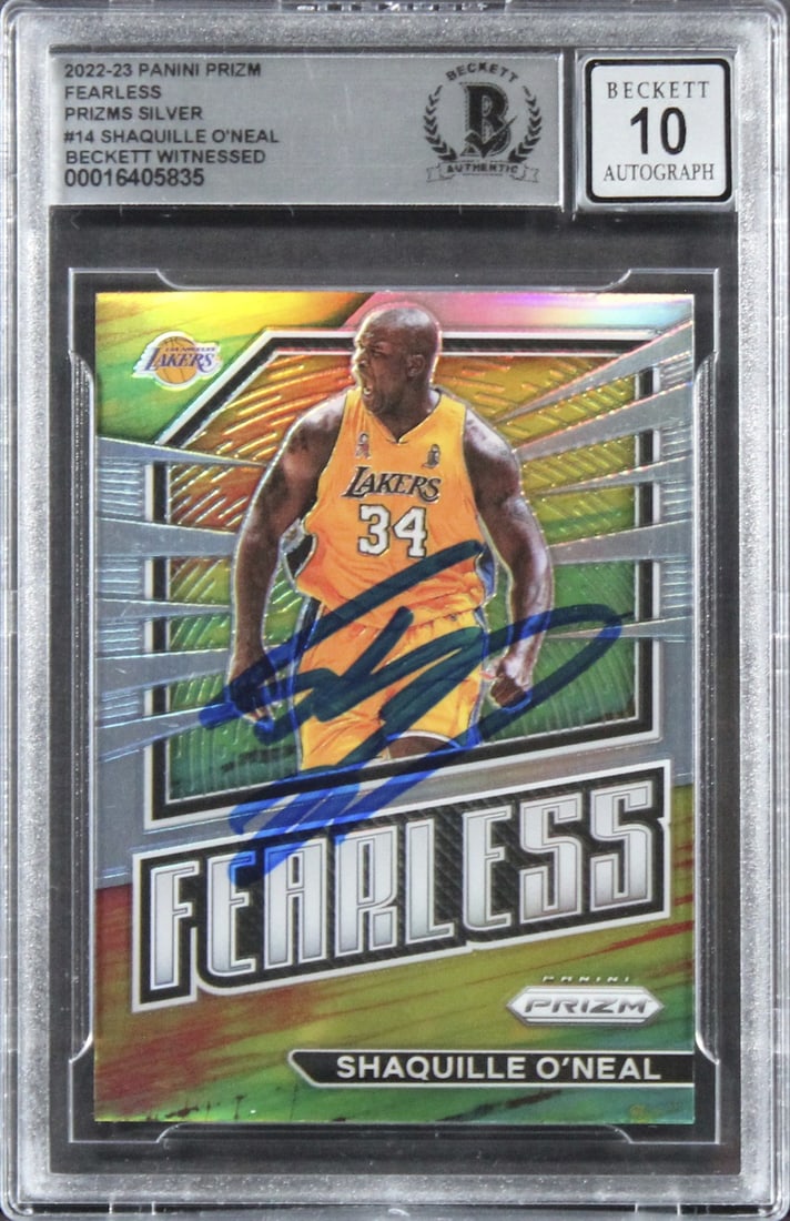 2022 Panini Prizm Fearless Silver #14 Shaquille O'Neal Auto Card BAS 10 Slabbed: 2022 Panini Prizm Fearless Silver #14 Shaquille O'Neal Auto Card BAS 10 Slabbed This 2022 Panini Prizm Fearless Prizms Silver #14 trading card features an authentic autograph from Shaquille O'Neal of 