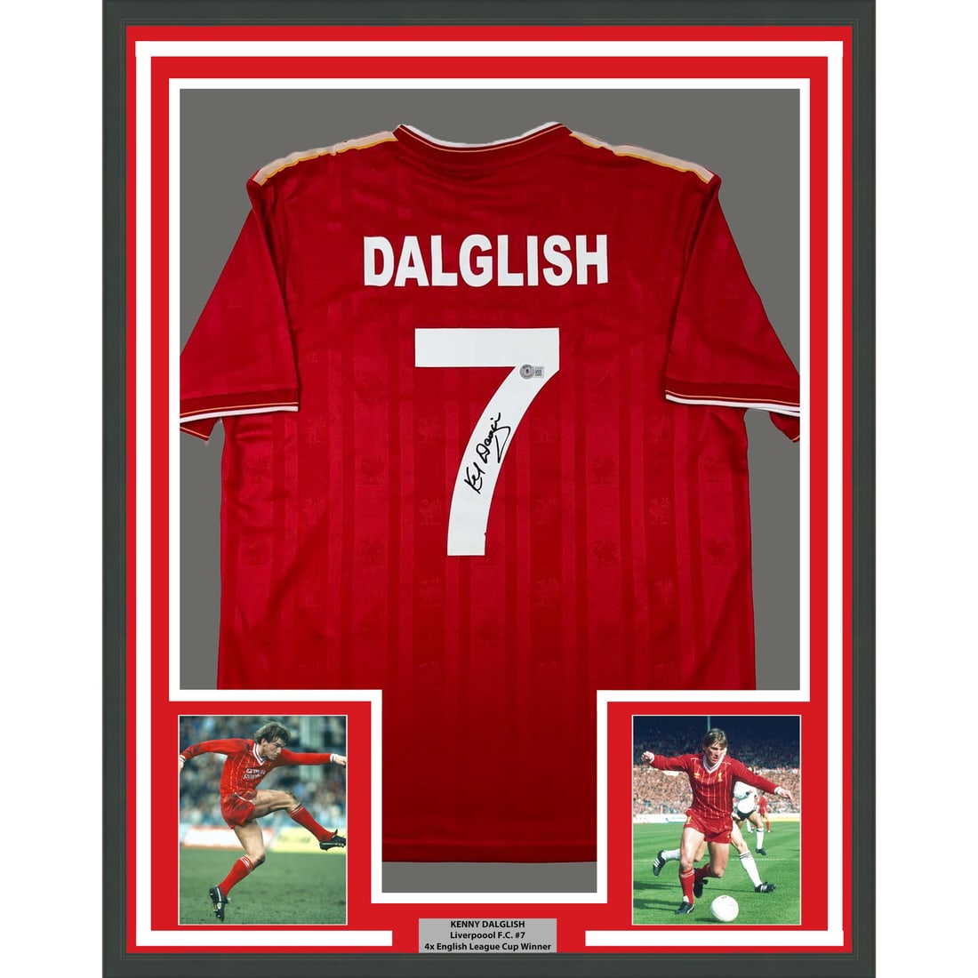 Framed Kenny Dalglish Autographed Liverpool Jersey BAS COA 35x39: Framed Kenny Dalglish Autographed Liverpool Jersey BAS COA 35x39 Showcase your admiration for one of football's legends with this professionally framed, autographed Kenny Dalglish Liverpool Red Jersey