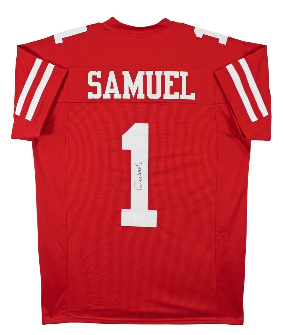 Deebo Samuel Signed San Francisco 49ers Red Jersey with JSA COA: Deebo Samuel Signed San Francisco 49ers Red Jersey with JSA COA This authentic red Pro Style jersey, personally signed by Deebo Samuel of the San Francisco 49ers, is a must-have for any fan. The jerse