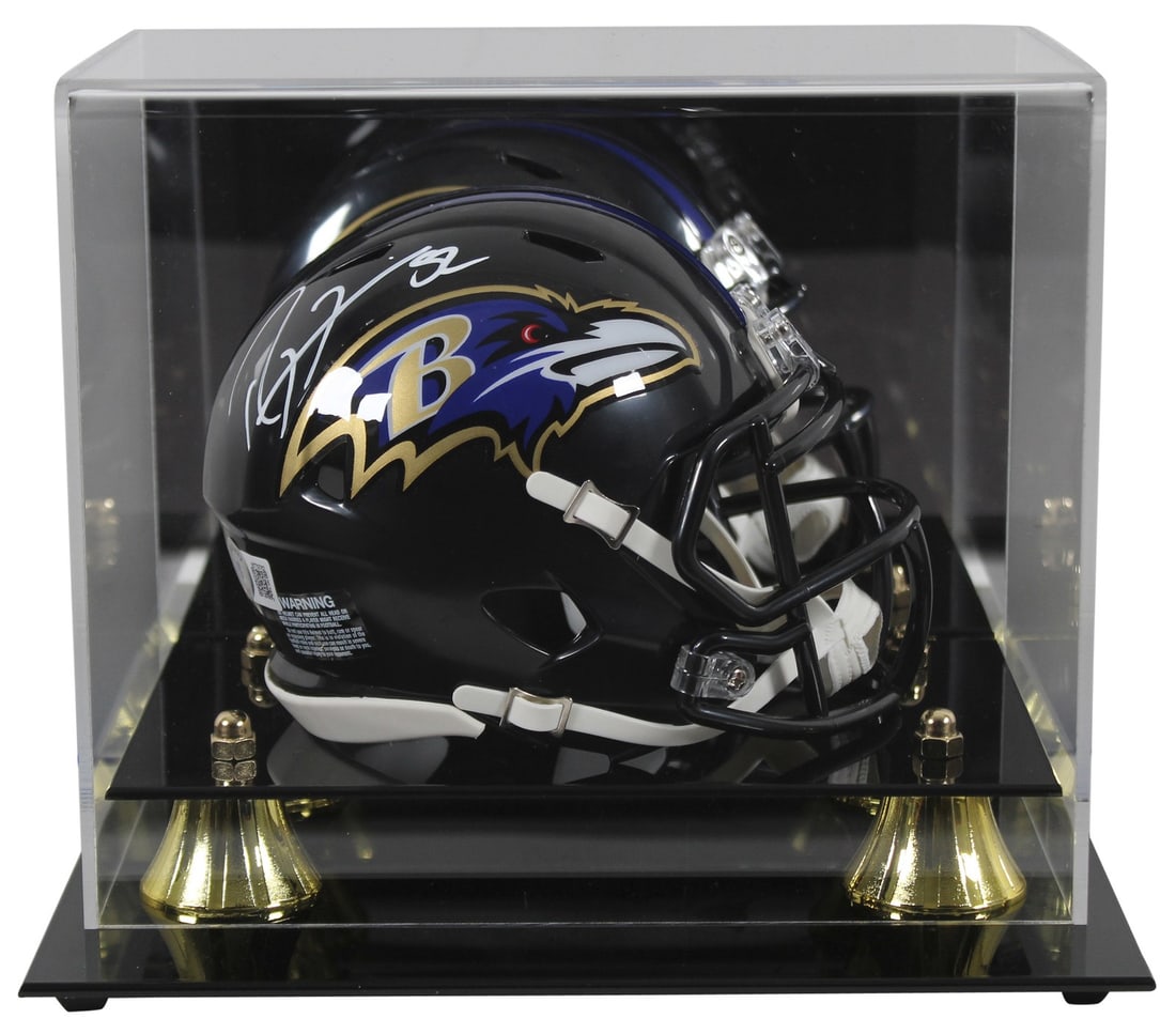 Ray Lewis Autographed Baltimore Ravens Mini Helmet with Display Case BAS Authenticated: Ray Lewis Autographed Baltimore Ravens Mini Helmet with Display Case BAS Authenticated This authentic mini helmet is a must-have for any Baltimore Ravens fan. It features a stunning white signature fr