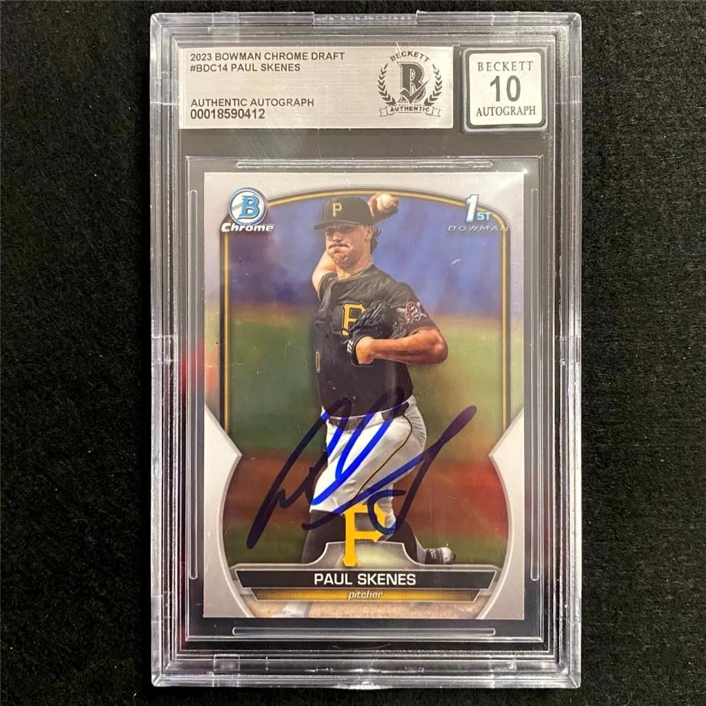 2023 Bowman Chrome Draft Paul Skenes signed rookie card Beckett BAS 10 Auto: 2023 Bowman Chrome Draft Paul Skenes signed rookie card Beckett BAS 10 Auto This is a 2023 Bowman Chrome Draft 1st rookie card featuring Paul Skenes from Major League Baseball. The card is professiona