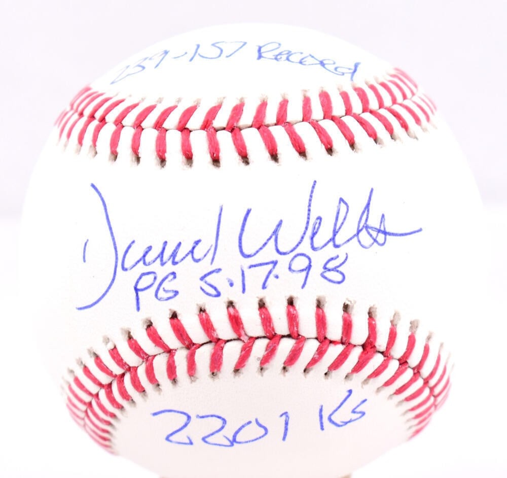 Rawlings OML Baseball Signed by David Wells with Three Stats Beckett Authenticated: Rawlings OML Baseball Signed by David Wells with Three Stats Beckett Authenticated This is an original Rawlings Official Major League (OML) baseball autographed by David Wells, featuring three inscrib