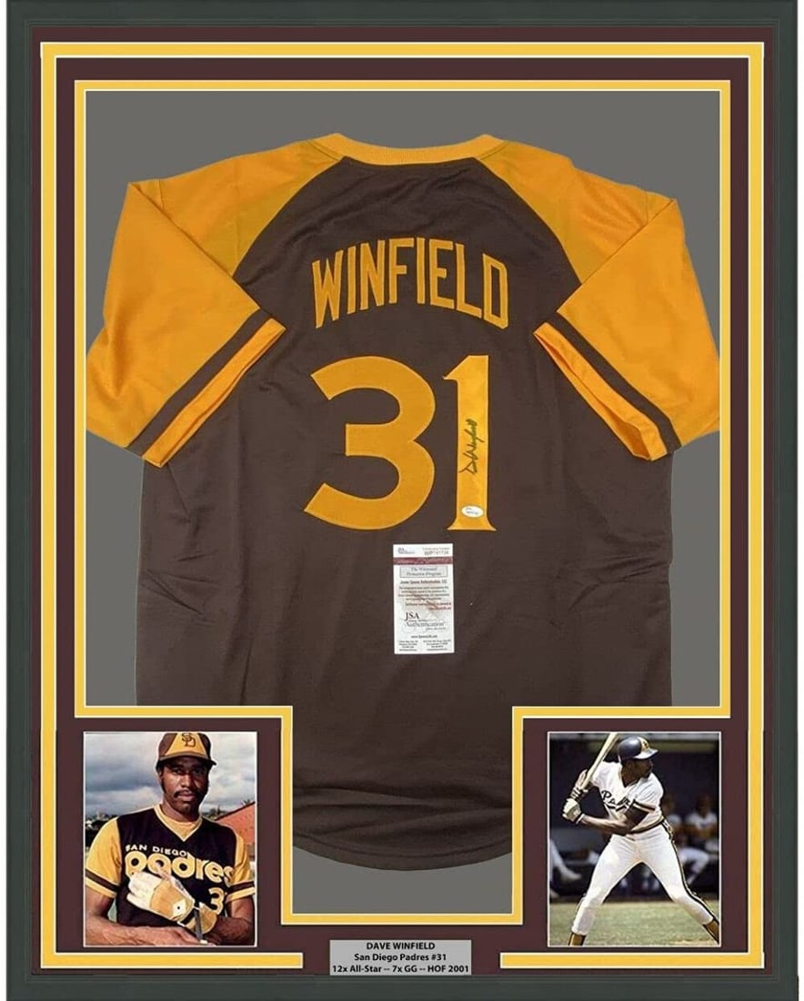 Framed Dave Winfield Autographed Jersey San Diego Padres JSA COA 33x42: Framed Dave Winfield Autographed Jersey San Diego Padres JSA COA 33x42 This professionally framed and matted piece features an autographed San Diego Padres jersey by Hall of Famer Dave Winfield. Measu
