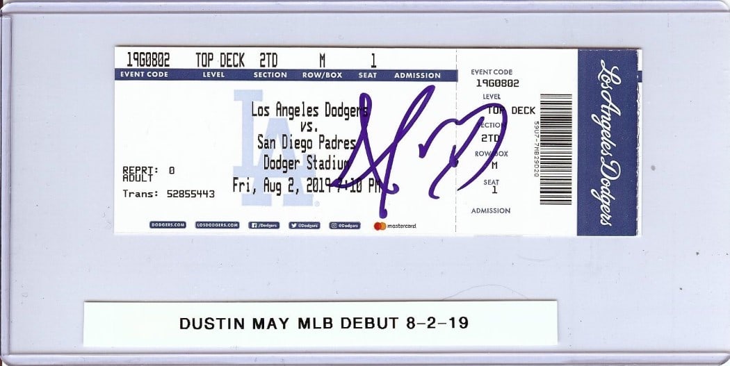 Dustin May JSA Authenticated Signed Dodgers MLB Debut Ticket Stub 8-2-19: Dustin May JSA Authenticated Signed Dodgers MLB Debut Ticket Stub 8-2-19 This is an original ticket stub from the Los Angeles Dodgers featuring Dustin May's MLB debut on August 2, 2019. The ticket is 