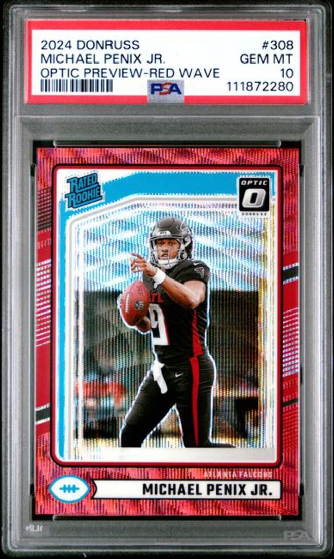 2024 Panini Donruss Michael Penix Jr Optic Preview Red Wave RC PSA 10: 2024 Panini Donruss Michael Penix Jr Optic Preview Red Wave RC PSA 10 This is a graded 2024 Panini Donruss Michael Penix Jr. 308 Optic Preview Red Wave Rookie Card (RC) with a grade of 10 from the Pro