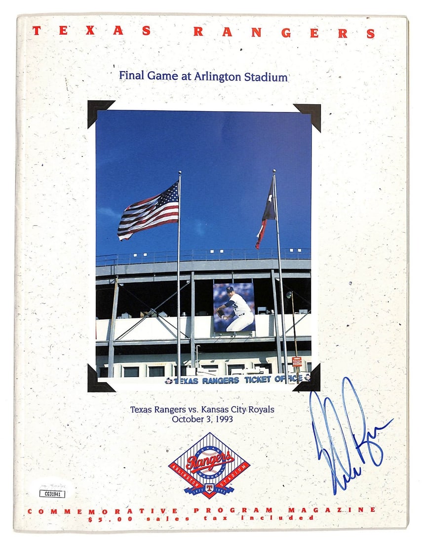 Nolan Ryan Signed Texas Rangers Program Last Game 10/3/93 JSA Authenticated: Nolan Ryan Signed Texas Rangers Program Last Game 10/3/93 JSA Authenticated This is an original Texas Rangers baseball program featuring the legendary Nolan Ryan's autograph from his last game on Octo