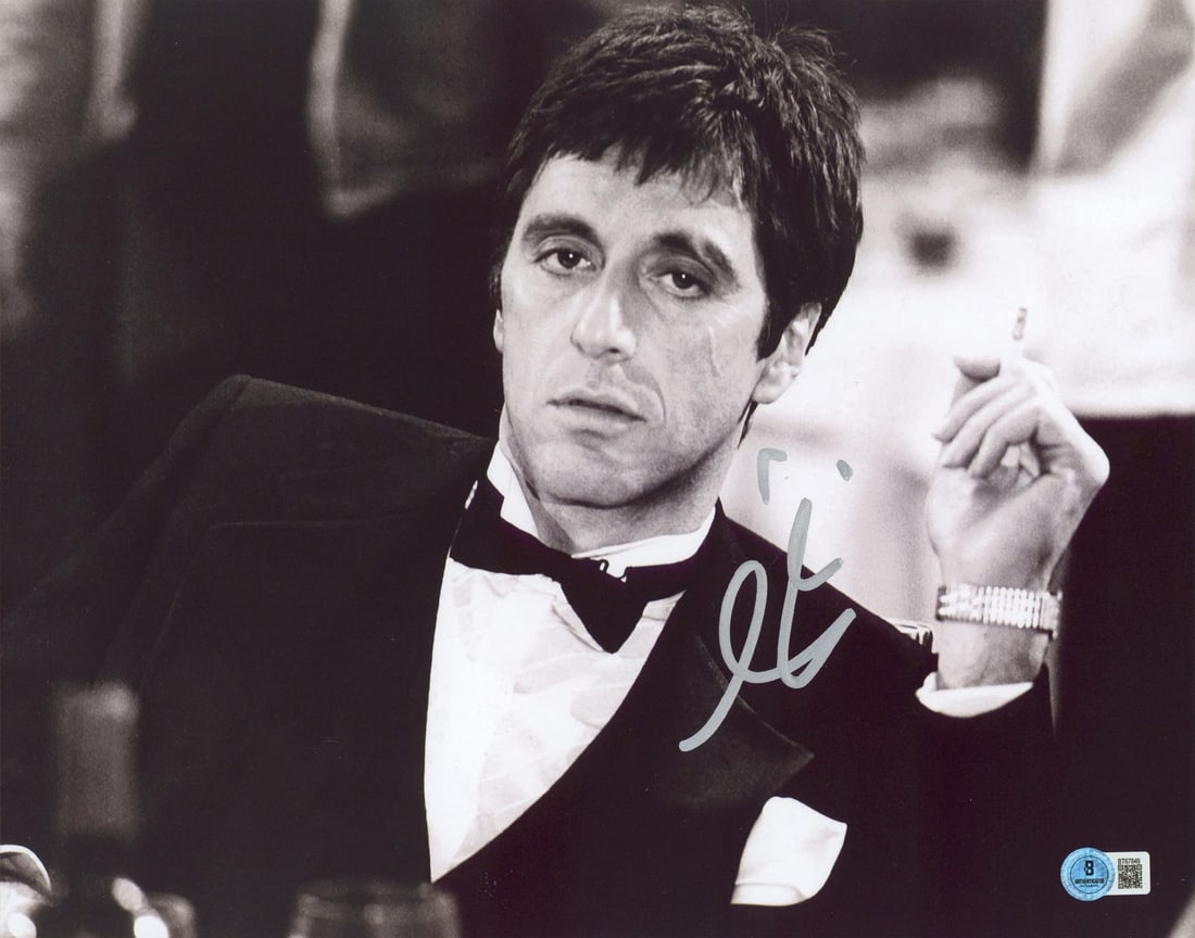 Al Pacino Signed Scarface 11x14 Photo Authentic Beckett BAS: Al Pacino Signed Scarface 11x14 Photo Authentic Beckett BAS Capture a piece of cinematic history with this authentic signed 11x14 horizontal photograph of Al Pacino as Tony Montana from the classic fi