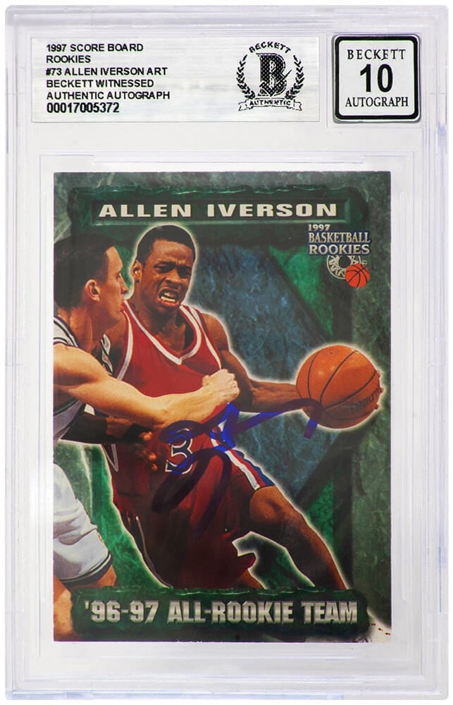Allen Iverson Signed 76ers Rookie Card #73 Beckett Auto 10: Allen Iverson Signed 76ers Rookie Card #73 Beckett Auto 10 This is a signed rookie card of Allen Iverson from the Philadelphia 76ers, specifically the 1997 Score Board edition, card #73. The autograph