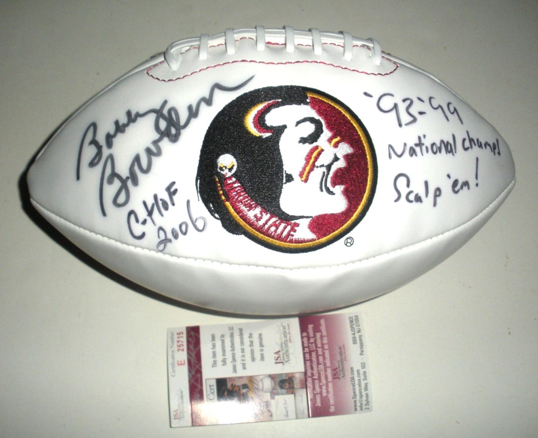 Signed Florida State Seminoles Football Bobby Bowden JSA COA 93 of 99: Signed Florida State Seminoles Football Bobby Bowden JSA COA 93 of 99 This is a pre-owned Florida State Seminoles football signed by Bobby Bowden. The football is an original item and includes a JSA C