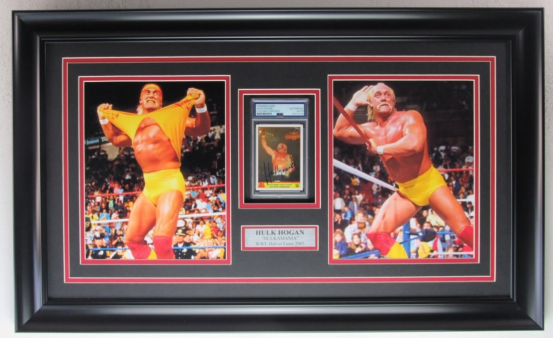 Framed Hulk Hogan Autographed WWE Card and 8x10 Photo Collage PSA DNA: Framed Hulk Hogan Autographed WWE Card and 8x10 Photo Collage PSA DNA This framed display features a signed Hulk Hogan Hall of Fame WWE trading card accompanied by an 8x10 photo collage. The card is p