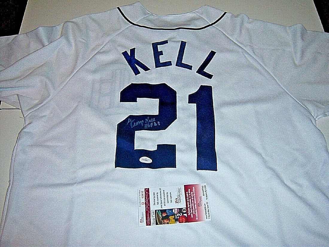 Detroit Tigers Majestic Jersey Signed by George Kell with JSA COA: Detroit Tigers Majestic Jersey Signed by George Kell with JSA COA This official licensed Majestic jersey features the autograph of George Kell, Hall of Famer for the Detroit Tigers. The jersey is an o