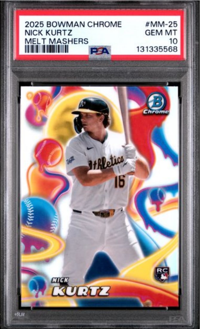 PSA 10 Nick Kurtz 2025 Bowman Chrome Melt Mashers Rookie Card #MM25: PSA 10 Nick Kurtz 2025 Bowman Chrome Melt Mashers Rookie Card #MM25 This is an original 2025 Topps Bowman Chrome Melt Mashers rookie card featuring Nick Kurtz of the Oakland Athletics. The card is pro