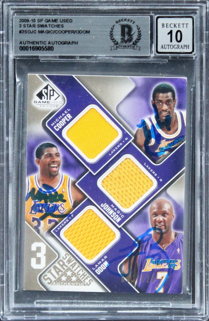 Los Angeles Lakers Signed 2009 SP GU #3SOJC Card Auto 10 by Johnson Cooper Odom: Los Angeles Lakers Signed 2009 SP GU #3SOJC Card Auto 10 by Johnson Cooper Odom This is a remarkable 2009 SP Game Used 3 Star Swatches #3SOJC card featuring autographs from three legendary Los Angeles