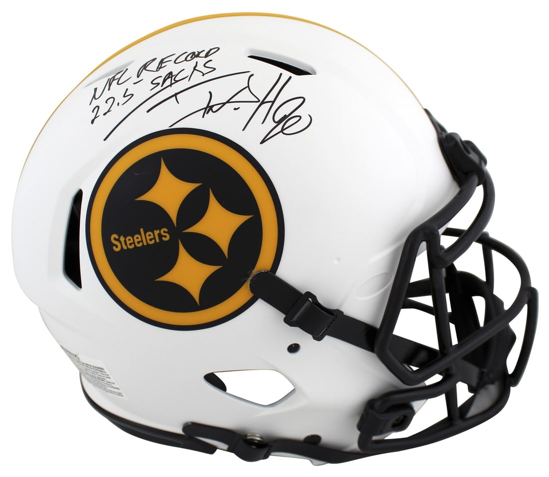 Pittsburgh Steelers T.J. Watt Signed Lunar Helmet NFL Record 22.5 Sacks Beckett Authenticated: Pittsburgh Steelers T.J. Watt Signed Lunar Helmet NFL Record 22.5 Sacks Beckett Authenticated This autographed Pittsburgh Steelers Lunar Riddell Authentic Full Size Speed Proline Helmet features the i