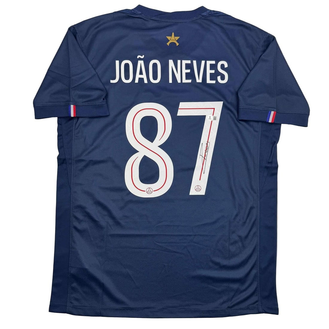 Joao Neves PSG Blue Jersey Signed with Beckett COA: Joao Neves PSG Blue Jersey Signed with Beckett COA Own a piece of soccer history with this autographed Joao Neves Paris Saint-Germain blue jersey. This authentic item is signed by the player and inclu