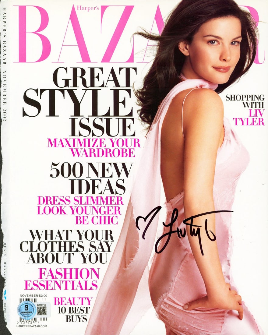 Signed Harper's Bazaar November 2002 Cover Liv Tyler Beckett BAS: Signed Harper's Bazaar November 2002 Cover Liv Tyler Beckett BAS This is an original November 2002 Harper's Bazaar magazine cover personally signed by Liv Tyler. The autograph has been authenticated b