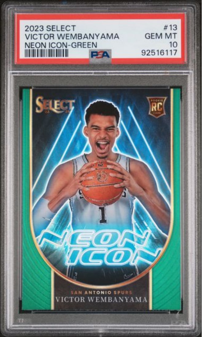 Victor Wembanyama 2023 Select Rookie Neon Icon Green Card PSA 10: Victor Wembanyama 2023 Select Rookie Neon Icon Green Card PSA 10 This is a 2023 Panini Select Victor Wembanyama #13 Neon Icon GRN Rookie Card, professionally graded PSA 10 by Professional Sports Authe