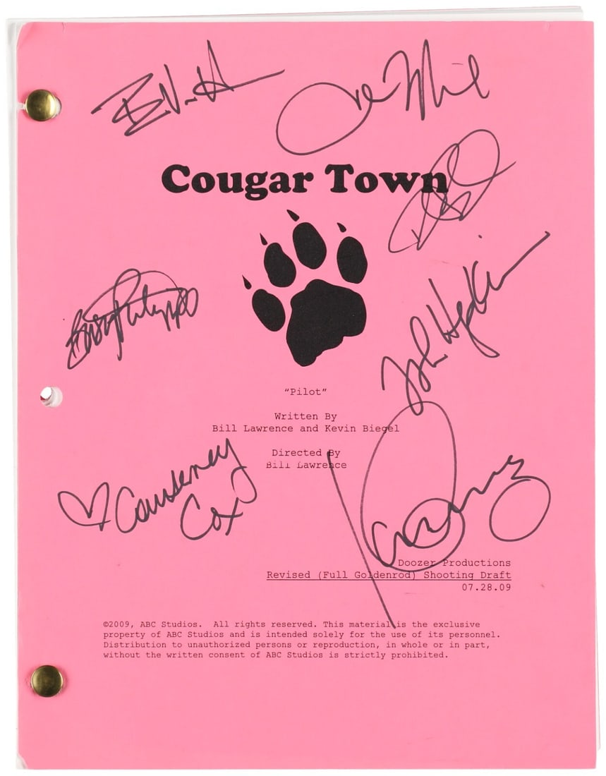 Cougar Town Signed Pilot Script with Beckett COA Courteney Cox Dan Byrd Josh Hopkins: Cougar Town Signed Pilot Script with Beckett COA Courteney Cox Dan Byrd Josh Hopkins This is an original signed pilot script of "Cougar Town," featuring autographs from cast members Courteney Cox, Dan