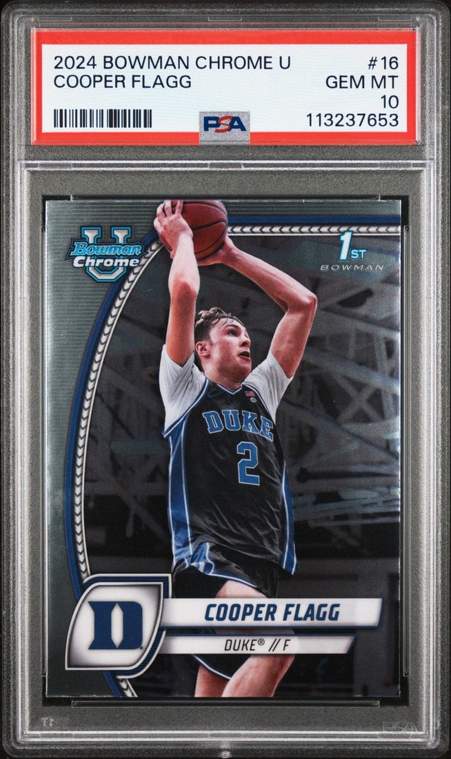 2024 Topps Bowman Chrome Cooper Flagg #16 Rookie Card PSA 10: 2024 Topps Bowman Chrome Cooper Flagg #16 Rookie Card PSA 10 Celebrate the rising star of college basketball with this 2024 Topps Bowman Chrome U Cooper Flagg #16 Rookie Basketball Card, graded PSA 10