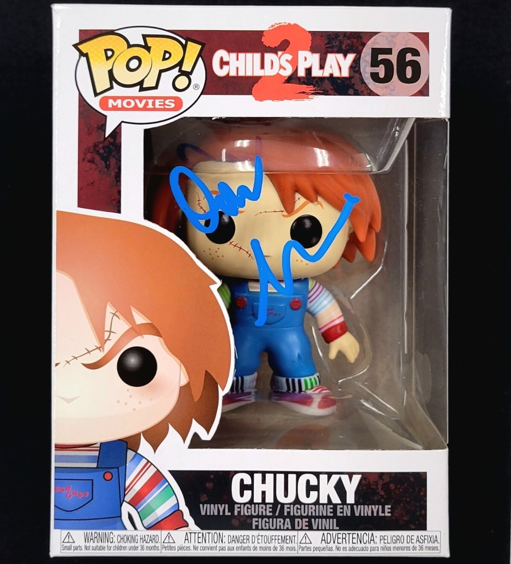 Chucky Funko Pop signed by Don Mancini with Beckett authentication: Chucky Funko Pop signed by Don Mancini with Beckett authentication This original Chucky Funko Pop collectible features a blue autograph signed by director Don Mancini. The autograph is authenticated b