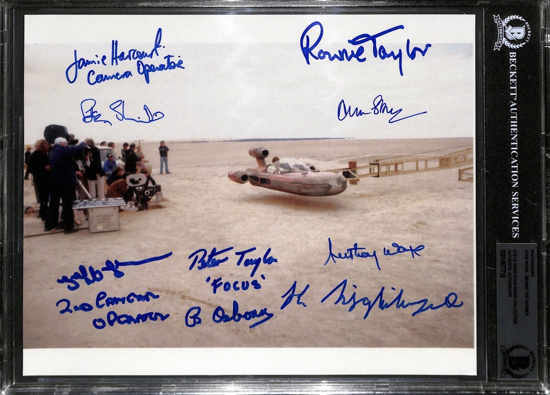 8x10 Photo Signed by 9 Star Wars Crew Authenticated by Beckett: 8x10 Photo Signed by 9 Star Wars Crew Authenticated by Beckett This is an original 8x10 photograph from Star Wars, signed by nine members of the production and film crew: Ronnie Taylor, Jamie Harcourt