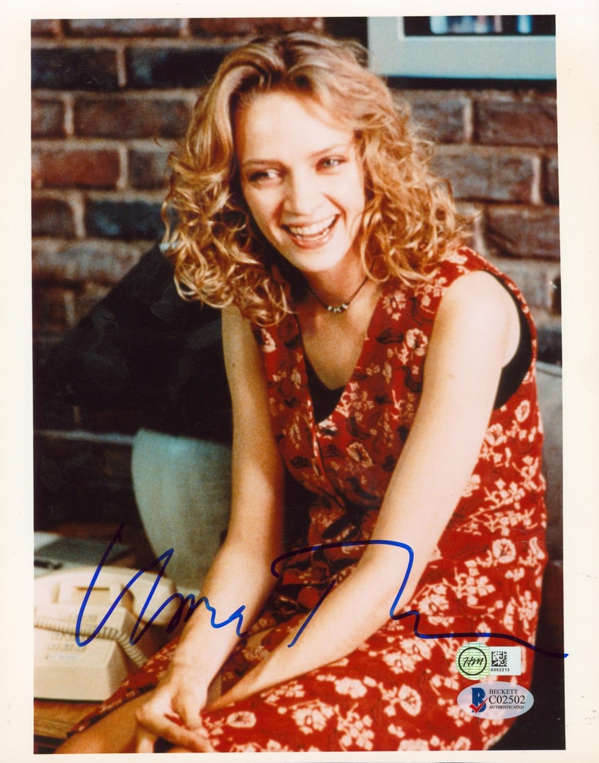 Uma Thurman signed Pulp Fiction 8x10 Beckett photo: Uma Thurman signed Pulp Fiction 8x10 Beckett photo This 8x10 photograph features an authentic autograph from Uma Thurman, known for her role in Pulp Fiction. The photo has been personally signed and c