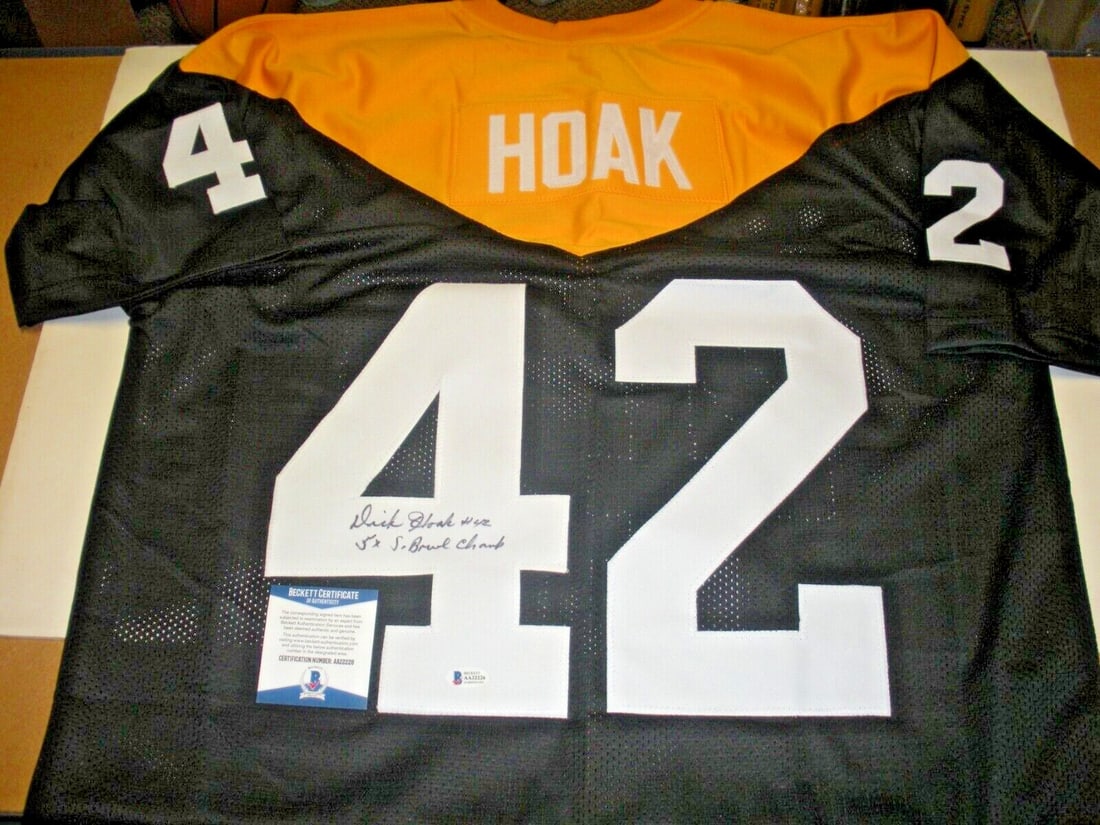 Signed Dick Hoak Steelers Jersey with Beckett COA Five-Time Super Bowl Champion: Signed Dick Hoak Steelers Jersey with Beckett COA Five-Time Super Bowl Champion This is a pre-owned Pittsburgh Steelers jersey signed by Dick Hoak, commemorating his five-time Super Bowl champion stat