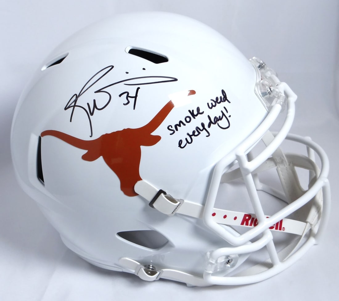 Texas Longhorns Riddell Speed Full-Size Helmet Signed by Ricky Williams with Inscription JSA: Texas Longhorns Riddell Speed Full-Size Helmet Signed by Ricky Williams with Inscription JSA This is a pre-owned Riddell Speed full-size helmet featuring the Texas Longhorns, autographed by Ricky Will