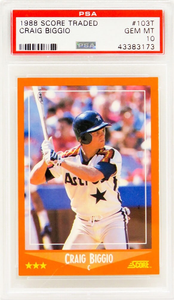 Craig Biggio 1988 Score Traded Rookie Card PSA 10 Gem Mint #103T: Craig Biggio 1988 Score Traded Rookie Card PSA 10 Gem Mint #103T This listing features a Craig Biggio 1988 Score Traded #103T rookie card, encapsulated and graded Gem Mint 10 by PSA, representing the 