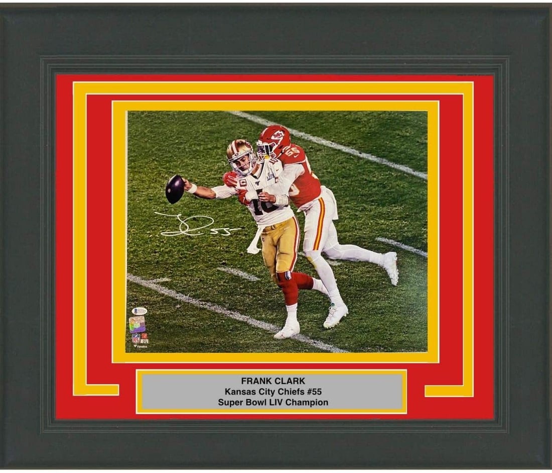 Framed Frank Clark Signed Super Bowl LIV 16x20 Photo BAS COA: Framed Frank Clark Signed Super Bowl LIV 16x20 Photo BAS COA Celebrate an iconic moment in NFL history with this professionally framed and matted 16x20 photo featuring Frank Clark's sack during Super 