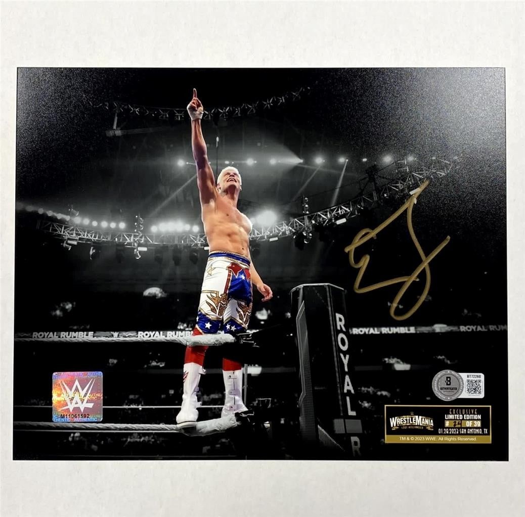 WWE Cody Rhodes autographed 8x10 photo limited to 39 with JSA certification: WWE Cody Rhodes autographed 8x10 photo limited to 39 with JSA certification This is an original 8x10 photo of WWE star Cody Rhodes, hand-signed and part of a limited edition of only 39 autographed cop