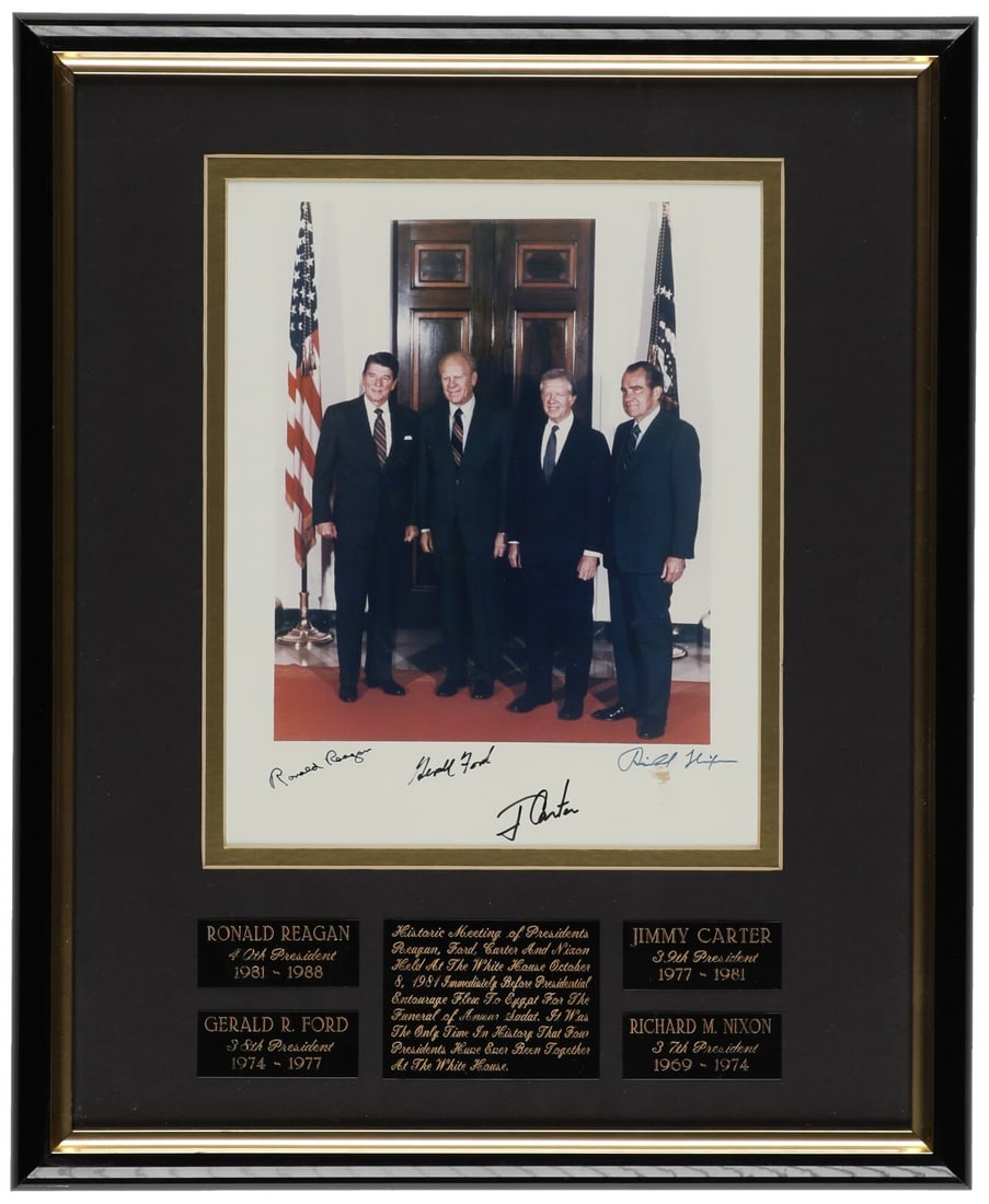 Signed Photo of Presidents Reagan Nixon Ford Carter with Beckett LOA: Signed Photo of Presidents Reagan Nixon Ford Carter with Beckett LOA This stunning 18-by-22-inch framed photograph features the signatures of four former United States Presidents: Ronald Reagan, Geral