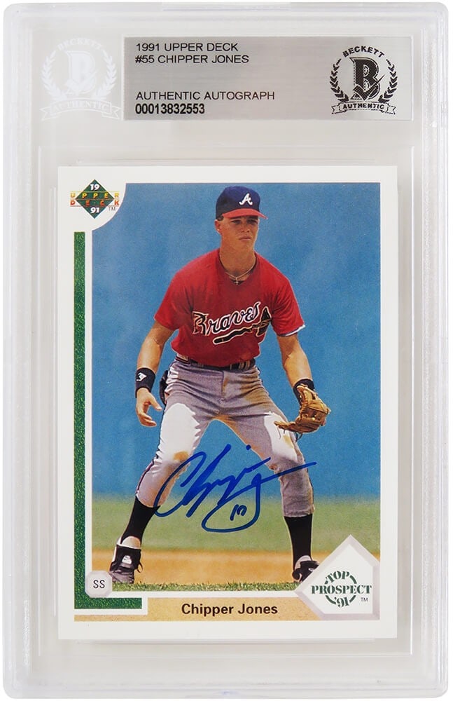 Chipper Jones Signed Braves 1991 Upper Deck RC Card #55 Beckett Authenticated: Chipper Jones Signed Braves 1991 Upper Deck RC Card #55 Beckett Authenticated Commemorate a legendary baseball player with this Chipper Jones autographed 1991 Upper Deck rookie card, #55, from the Atl