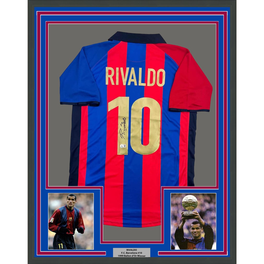 Rivaldo Ferreira Signed FC Barcelona Jersey Framed 35x39 Beckett Authenticated: Rivaldo Ferreira Signed FC Barcelona Jersey Framed 35x39 Beckett Authenticated This framed FC Barcelona jersey commemorates Rivaldo Ferreira and features his authentic autograph, as verified by Becket
