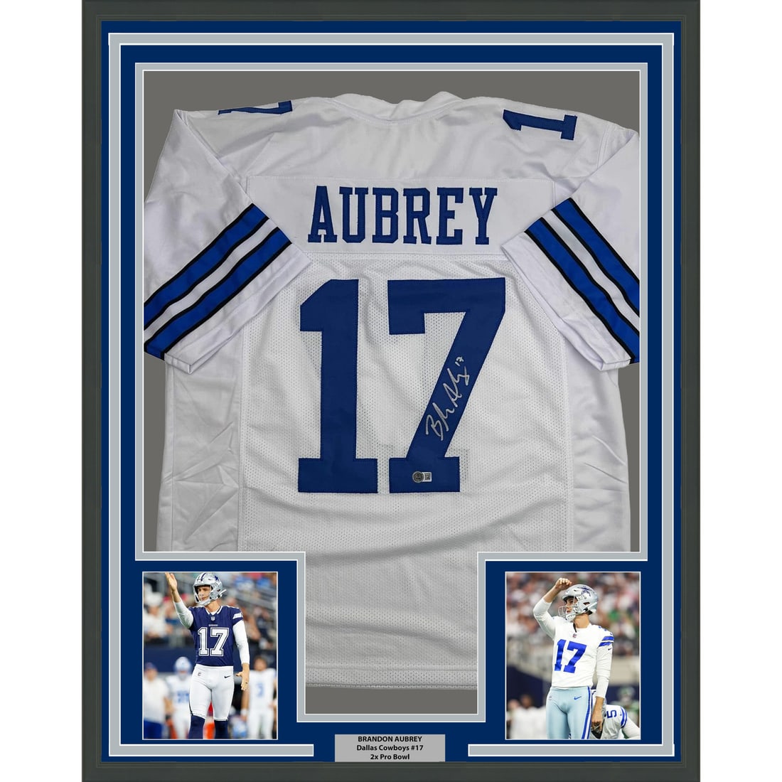 Brandon Aubrey Signed Dallas Cowboys Framed White Jersey 35x39 Beckett COA: Brandon Aubrey Signed Dallas Cowboys Framed White Jersey 35x39 Beckett COA This framed Dallas Cowboys white jersey features the autograph of Brandon Aubrey and comes authenticated by Beckett Grading S