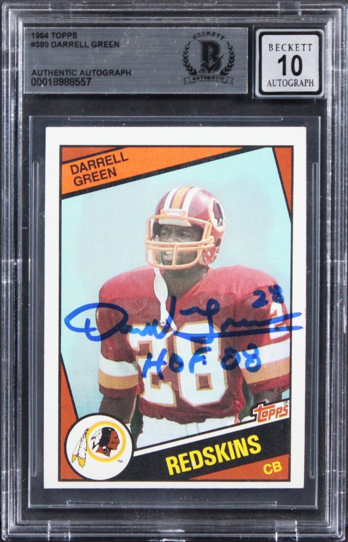 Beckett Slabbed Darrell Green Signed 1984 Topps #380 Card With HOF 08 Inscription: Beckett Slabbed Darrell Green Signed 1984 Topps #380 Card With HOF 08 Inscription This is an original 1984 Topps #380 football card featuring Darrell Green of the Washington Commanders. The card is ha