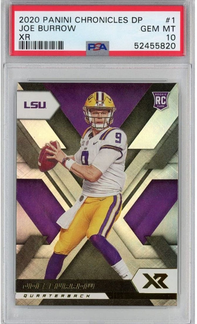 2020 Panini Chronicles Joe Burrow #1 XR Rookie Football Card PSA 10 Gem Mint: 2020 Panini Chronicles Joe Burrow #1 XR Rookie Football Card PSA 10 Gem Mint This is a graded 2020 Panini Chronicles Draft Picks Joe Burrow #1 XR Rookie RC Football Card, featuring a PSA grade of 10, 