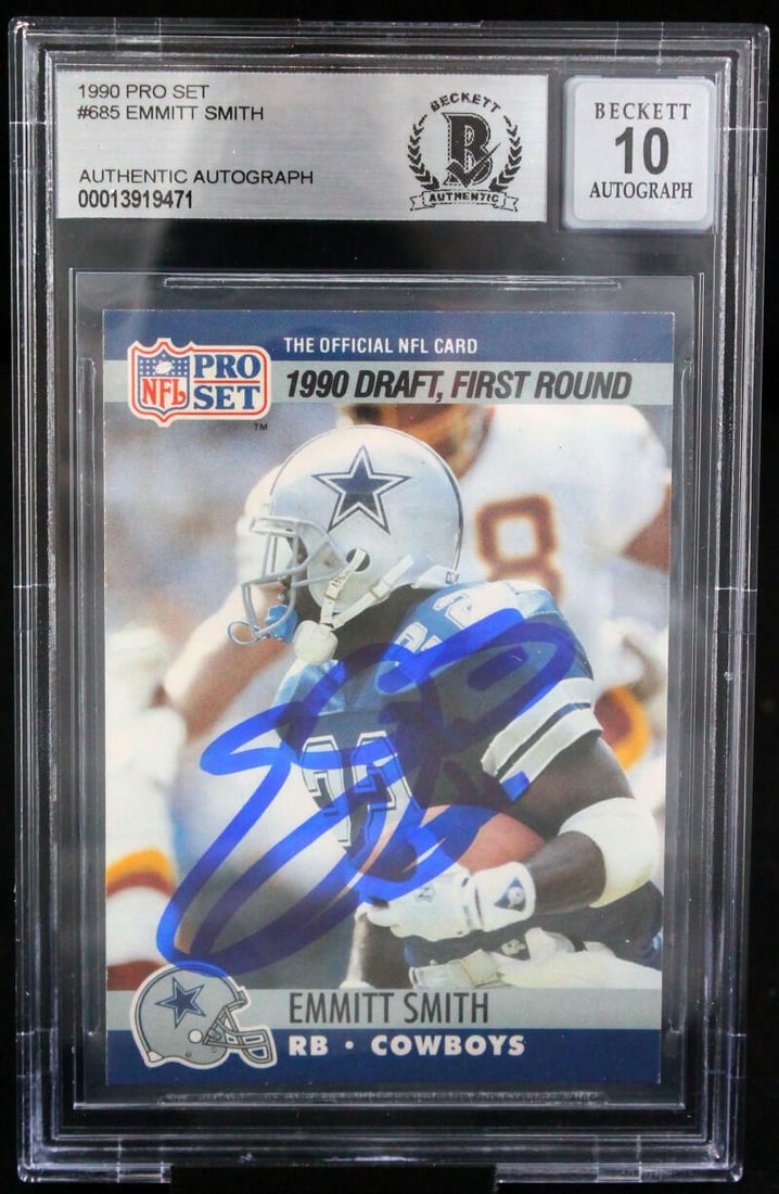 Emmitt Smith Signed 1990 Pro Set Rookie Card BGS 10 Autograph Dallas Cowboys: Emmitt Smith Signed 1990 Pro Set Rookie Card BGS 10 Autograph Dallas Cowboys This is a 1990 Pro Set #685 Emmitt Smith sports trading card, featuring an authentic hand-signed autograph by Emmitt Smith 