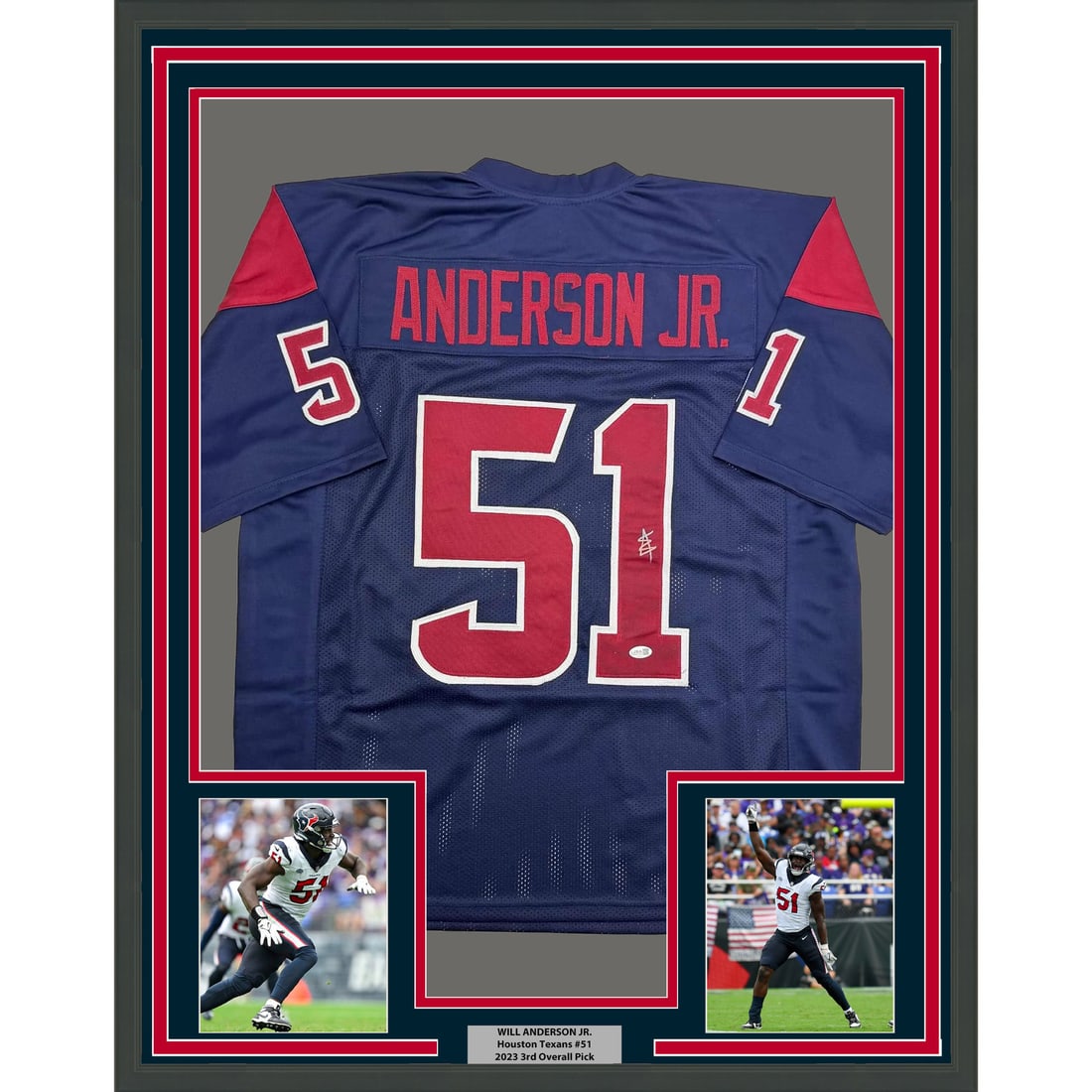 Will Anderson Jr Signed Houston Texans Jersey 35x39 Framed With Photos JSA COA: Will Anderson Jr Signed Houston Texans Jersey 35x39 Framed With Photos JSA COA This framed Houston Texans blue jersey is autographed by Will Anderson Jr. and comes with a JSA certificate of authentici