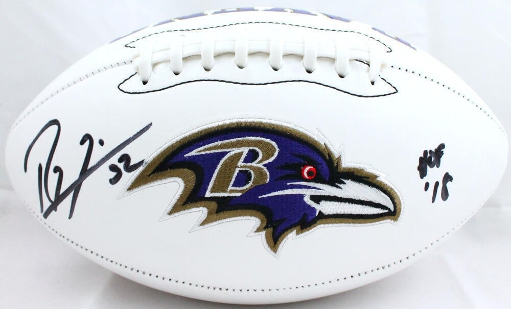 Baltimore Ravens Logo Ball Signed by Ray Lewis with Beckett Hologram: Baltimore Ravens Logo Ball Signed by Ray Lewis with Beckett Hologram This Baltimore Ravens logo football features an autograph from Ray Lewis, accompanied by a Hall of Fame inscription. The signature 