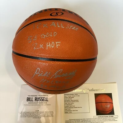 Bill Russell Spalding NBA Basketball Signed Inscribed JSA COA: Bill Russell Spalding NBA Basketball Signed Inscribed JSA COA This is an official Spalding NBA basketball autographed by Bill Russell and inscribed with notable career statistics, including "12X All S