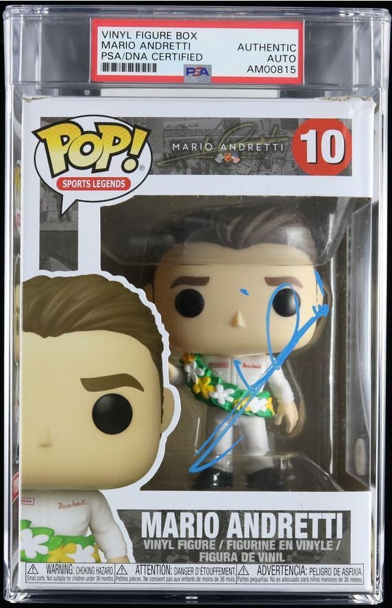 Mario Andretti Signed Funko Pop PSA/DNA NASCAR Collectible: Mario Andretti Signed Funko Pop PSA/DNA NASCAR Collectible This Funko Pop features the legendary NASCAR driver Mario Andretti's autograph, providing a unique collectible for racing fans. The signature