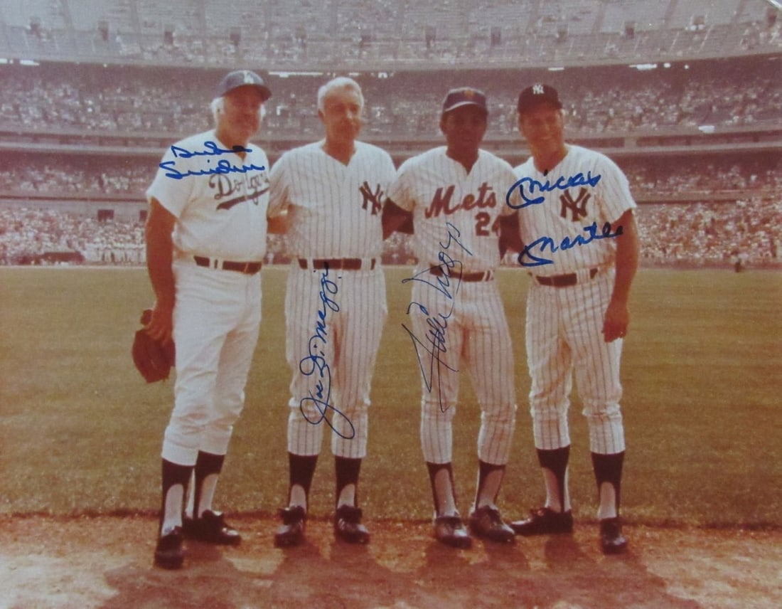 Mickey Mantle Joe DiMaggio Willie Mays Snider Signed 11x14 Photo PSA/DNA: Mickey Mantle Joe DiMaggio Willie Mays Snider Signed 11x14 Photo PSA/DNA This is an original multi-signed 11x14 photo featuring baseball legends Mickey Mantle, Joe DiMaggio, Willie Mays, and Duke Snid