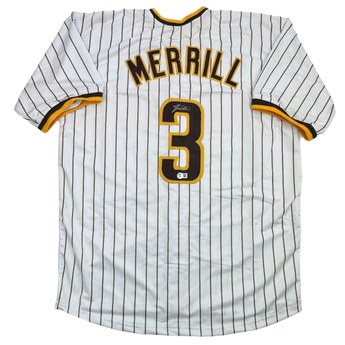 Signed Jackson Merrill San Diego Padres Pinstripe Jersey BAS COA: Signed Jackson Merrill San Diego Padres Pinstripe Jersey BAS COA This is an autographed Jackson Merrill San Diego Pinstripe Baseball Jersey, a unique collectible item for fans and sports memorabilia e