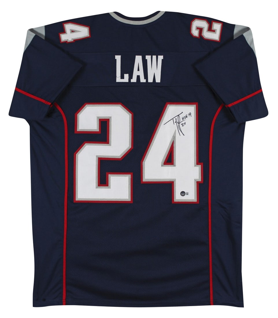 Ty Law Signed Jersey HOF 19 New England Patriots BAS Witnessed: Ty Law Signed Jersey HOF 19 New England Patriots BAS Witnessed Celebrate the legacy of Ty Law with this authentic Navy Blue Pro Style Jersey, featuring his inscription "HOF 19". Personally signed by t