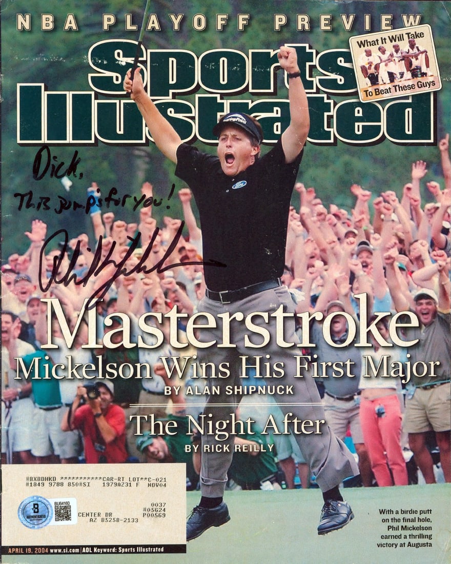 Phil Mickelson Signed 2004 Sports Illustrated Magazine Beckett Authenticated: Phil Mickelson Signed 2004 Sports Illustrated Magazine Beckett Authenticated This Sports Illustrated magazine from April 19, 2004 features an inscription and autograph by professional golfer Phil Mick