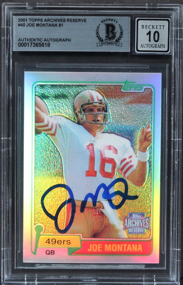 Joe Montana Signed 2001 Topps Archives Reserve #40 Gem Mint 10 BAS: Joe Montana Signed 2001 Topps Archives Reserve #40 Gem Mint 10 BAS This is a 2001 Topps Archives Reserve #40 card featuring Joe Montana, a legendary quarterback known for his time with the San Francis