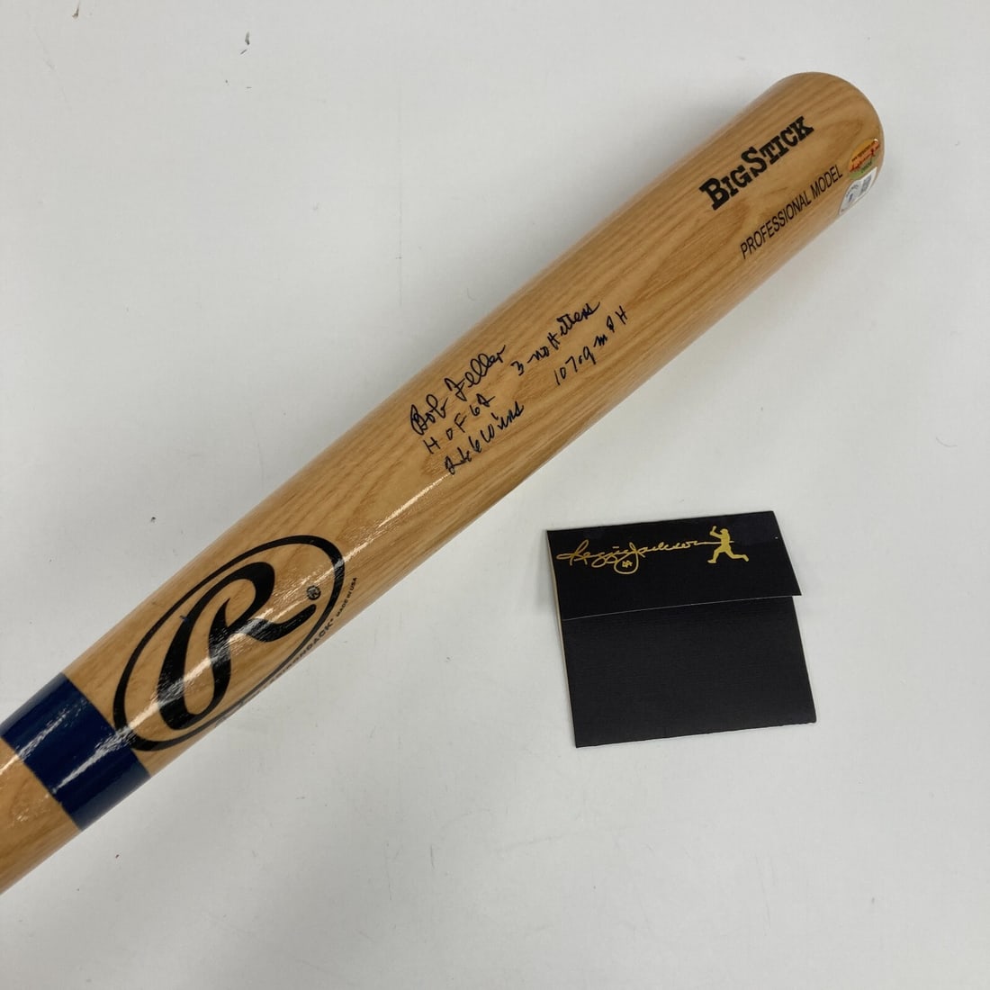Bob Feller Signed Rawlings Bat with Inscriptions Beckett RJ COA: Bob Feller Signed Rawlings Bat with Inscriptions Beckett RJ COA This original Rawlings Big Stick Professional Model baseball bat is signed by Hall of Fame pitcher Bob Feller. He inscribed the bat with