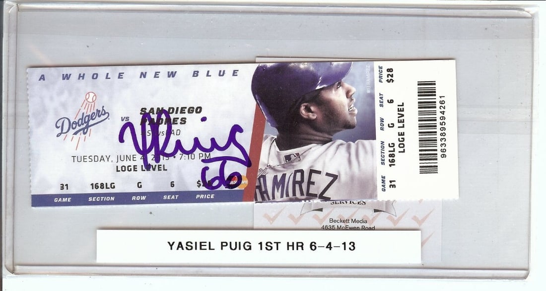 Yasiel Puig Autographed Ticket Stub 1st HR Dodgers 6/4/13 Beckett Authenticated: Yasiel Puig Autographed Ticket Stub 1st HR Dodgers 6/4/13 Beckett Authenticated Celebrate a significant moment in baseball history with this Yasiel Puig autographed ticket stub from his first home run