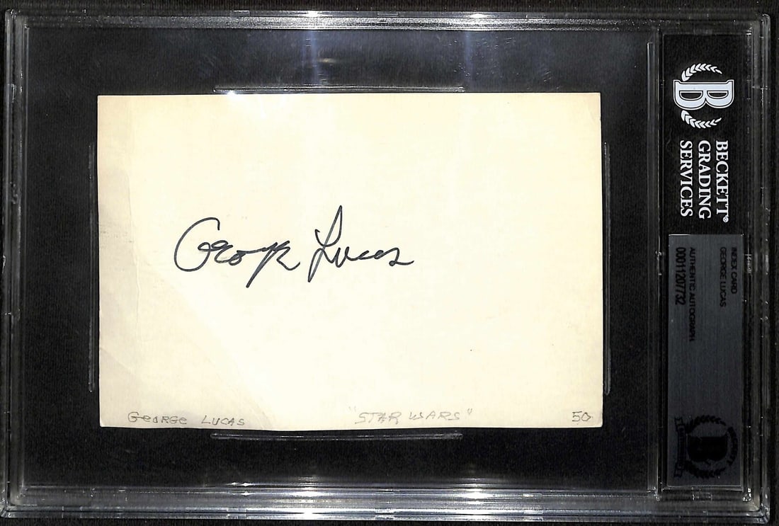 Earliest Known George Lucas Signed 4 x 6 Index Card 1974 Beckett Authenticated: Earliest Known George Lucas Signed 4 x 6 Index Card 1974 Beckett Authenticated This is an original 4 x 6 inch index card signed in black permanent marker by filmmaker and director George Lucas. The au